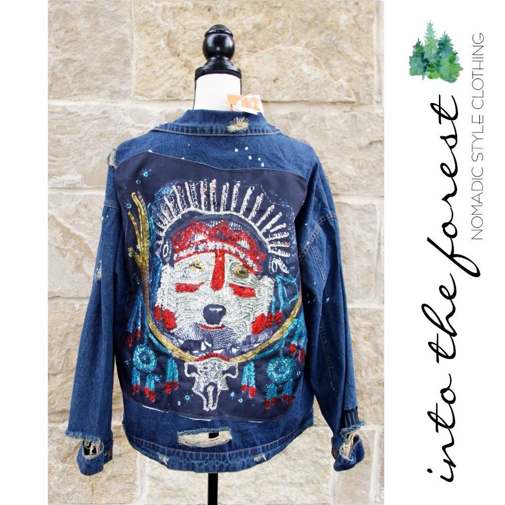 𝅺NWT NEW Wolf Sequin Distressed Ripped Over Sized Blue Jean Denim Jacket M L XL